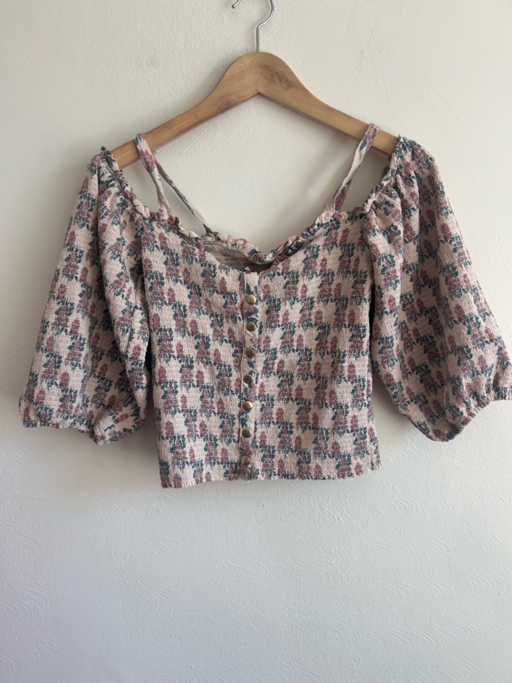 Nation Ltd Romantic Smocked Puff-Sleeve Cropped Button-Front Top - Floral Boho S